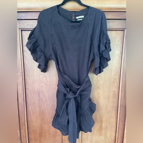 Isabel Marant Etoile Delicia Black Linen Mini Dress w Ruffle Trim Size M (EU 38) - Picture 6 of 7